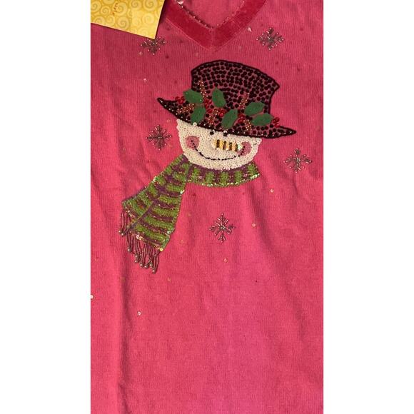Vintage Quacker Factory Pink Snowman Beaded/Sequin Christmas V-Neck Sweater - 1X - Picture 3 of 16